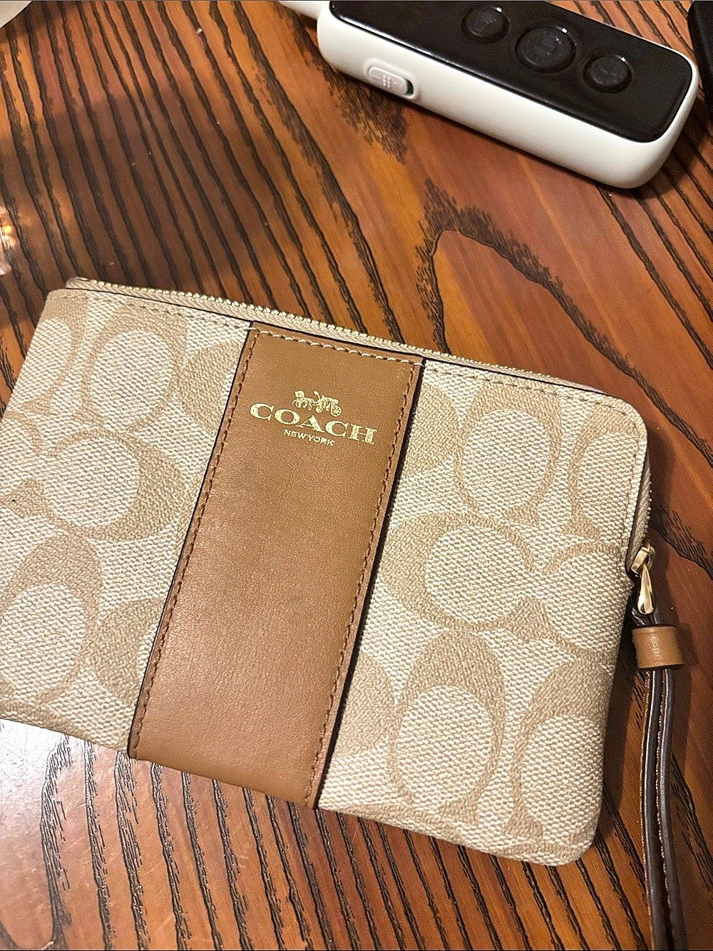 Coach Corner Zip Wristlet In Signature Canvas With Stripe Signature Canvas